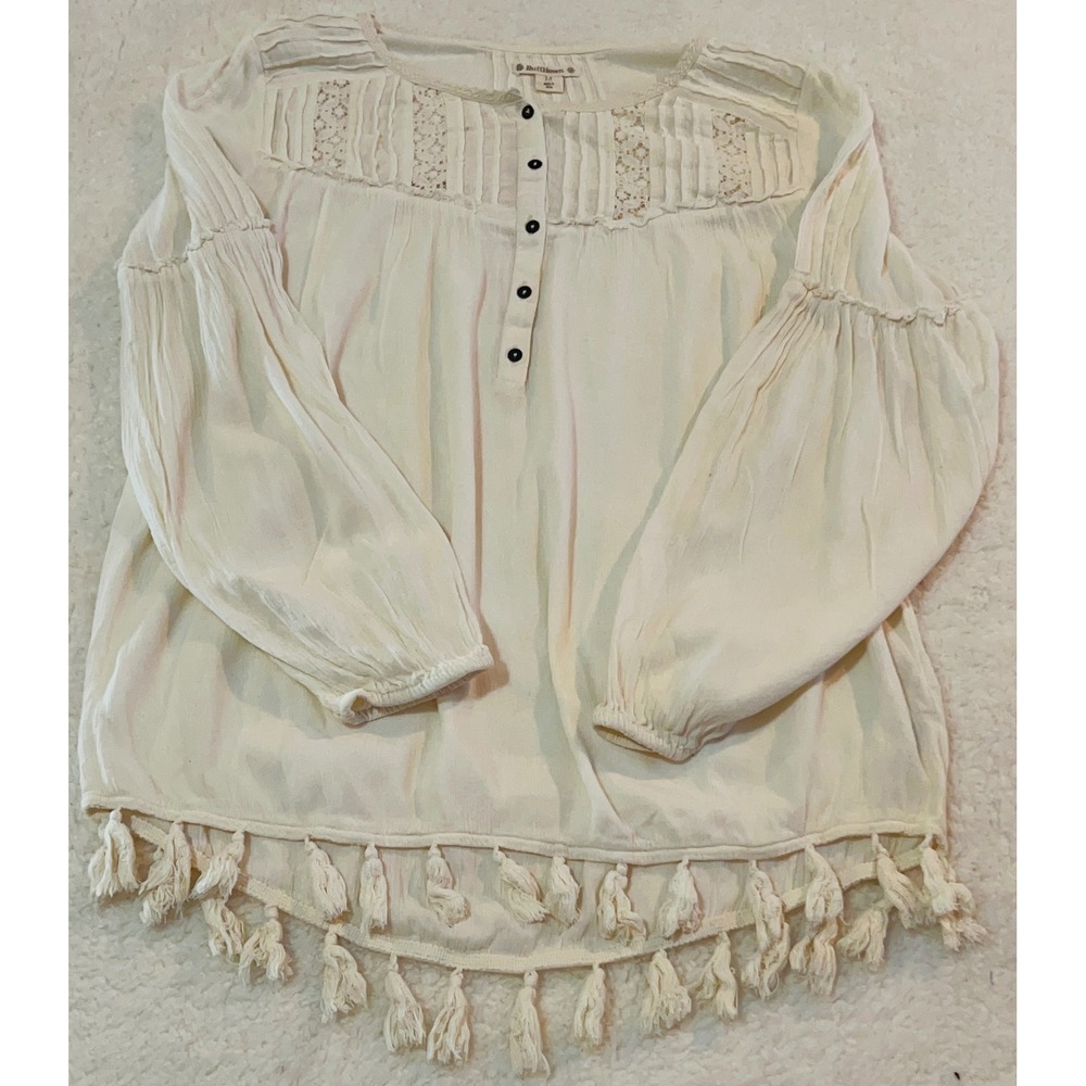 RuffHewn Womens Cream Boho Lace Pintuck Tassel Hem Peasant Blouse Top Medium